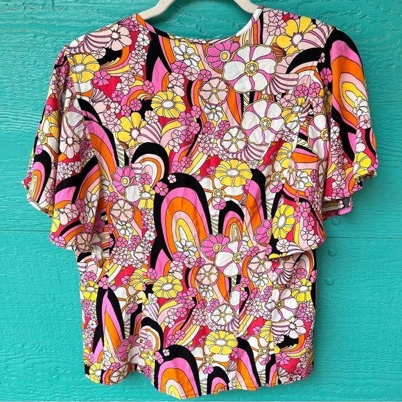 Unique Vintage Pink & Yellow Mod Floral Cecilia Blouse Size Medium NWT - Picture 6 of 11